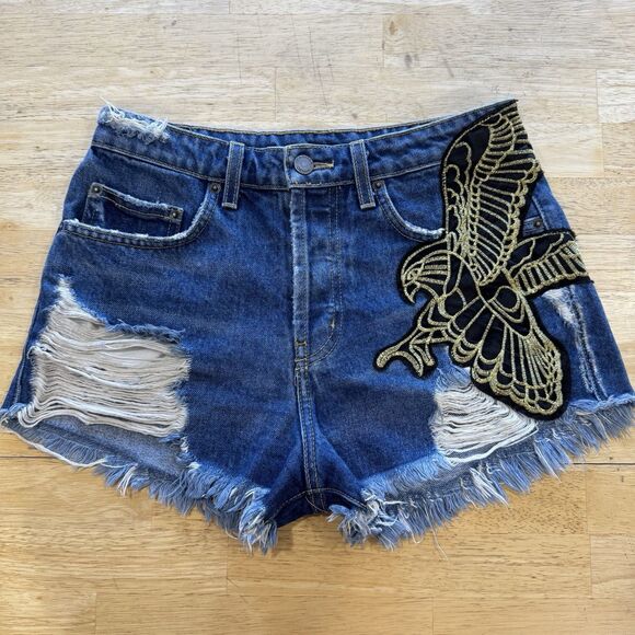Carmar Denim Jeans Shorts 27 Blue Distressed Eagle Patch Frayed High Rise Y2k - Picture 2 of 13